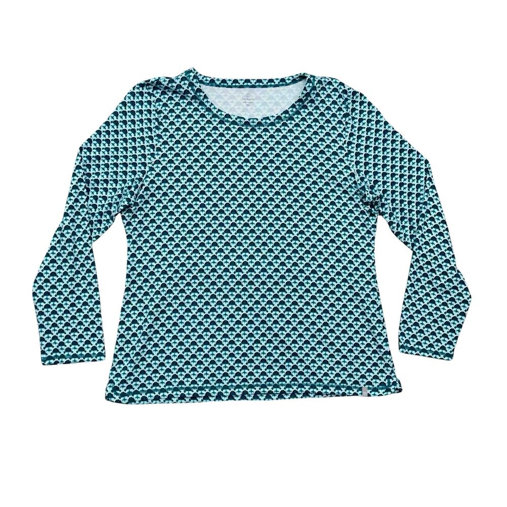 T By Talbots Supersoft Jersey Long Sleeve Tee XL Green White Scallop